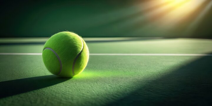 Tennis ball bouncing on a dark green court with a slight shadow effect, empty court