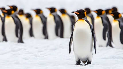 Fototapeta premium Confident penguin standing apart from the group