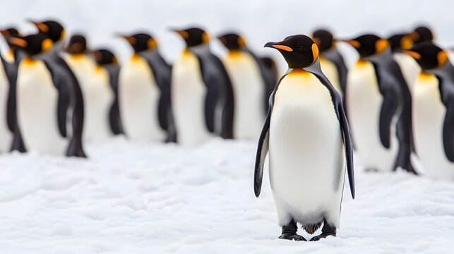 Confident penguin standing apart from the group