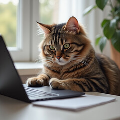 Сute tabby cat sitting at laptop - cute pet moment indoors