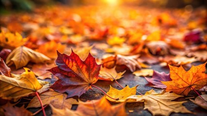 close-up of vibrant autumn leaves scattered on the ground, earthy tones, close-up photography
