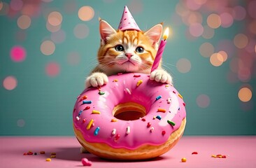 Cute kitten celebrating birthday with pink donut and party hat in festive setting