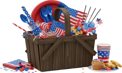 Festive Fourth of July Picnic Basket Patriotically Themed Party Supplies and Treats