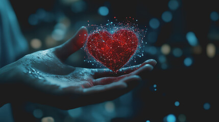 Doctor holding red heart shape in hand with modern virtual screen interface of medical icon network.