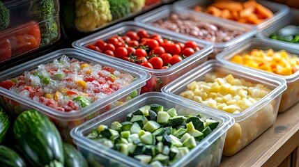 Frozen vegetable mix colorful healthy food storage containers diet meal prep fresh tasty market