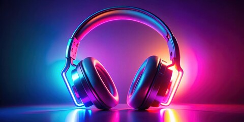 A pair of neon glowing headphones with vibrant electro house music cover album, illuminated by soft ambient light, vibrant colors