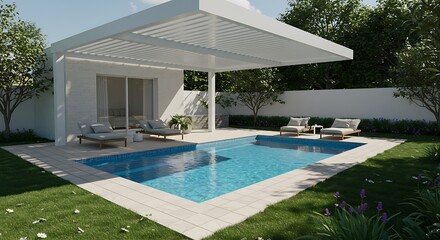Fototapeta premium Luxurious Backyard Oasis: Modern Minimalist Design with Pool and Pergola