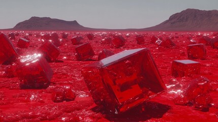 Red Cubes Scattered Across a Vibrant Desert Landscape