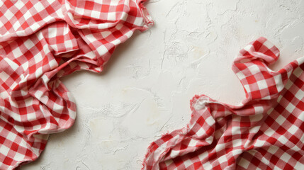 Fototapeta premium Crumpled red checkered picnic cloth laid out on a white surface, suitable for food styling or decor themes