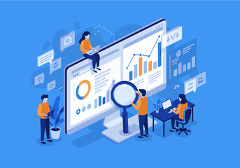 Illustration of a business team analyzing data charts and graphs in a modern office, representing collaboration, strategy, and digital analytics for performance review, growth, and corporate success