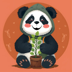 Obraz premium panda mascot in green hoodie holding potted plant