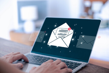 newsletter notification and open mail from the laptop. concept of correspondence, and news for campaign marketing. icon email, business communication, send information in a digital