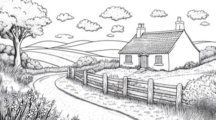 A charming country scene with a quaint cottage nestled in a valley, surrounded by rolling hills, a winding road, and lush vegetation.  