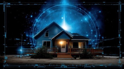 Futuristic digital house hologram with glowing blue elements and technological blueprint overlay at night