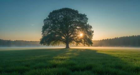 Obraz premium A lone tree stands silhouetted against the rising sun in a misty green field.
