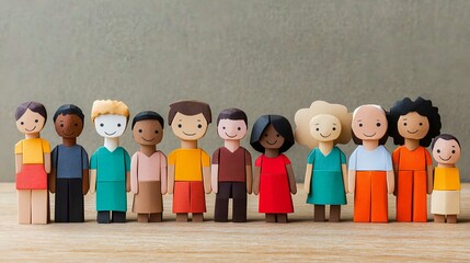 Obraz premium Diverse Multicultural Wooden Figures: Creative Educational Toys for Children's STEM Learning, Teamwork, and Imaginative Playtime Through Artistic Representation and Playful Design
