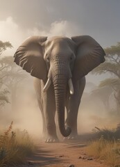 Obraz premium Majestic elephant emerges from savannah mist, large ears fanned , trunk, habitat, sun