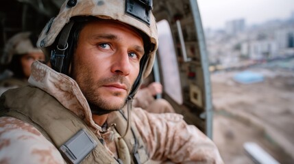 Military Pilot in Uniform Sitting Inside Helicopter with Cityscape Background