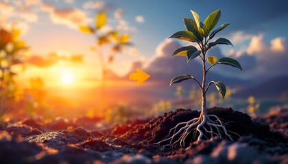 Obraz premium Plant Growing at Sunset Symbolizes Forward Progress and Positive Development