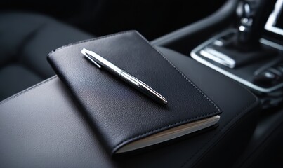 Stylish Silver Pen Rests on Black Leather Notebook in Car Interior;  Luxury Travel Accessory for Note-Taking, Elegant Design, Modern Professional Style.