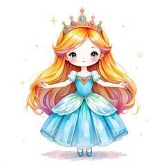 Fototapeta premium Charming Princess Character in a Beautiful Blue Dress With Golden Hair and Crown, Designed for Children’s Illustrations