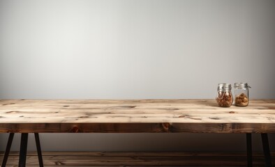 A rustic wooden table with two glass jars filled with nuts against a plain background.
