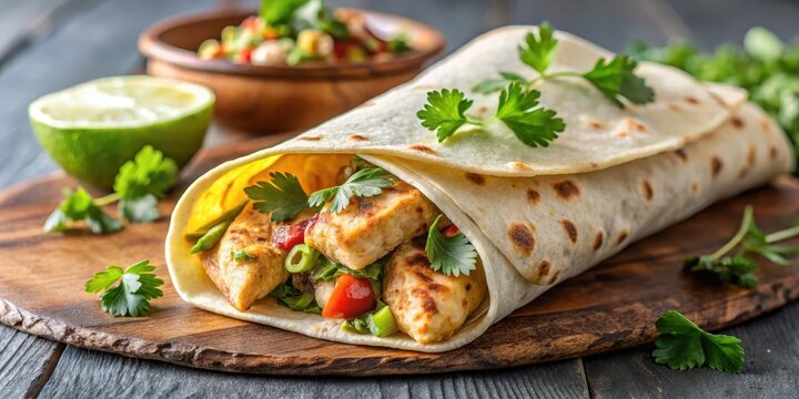 A savory chicken kati roll with a spicy filling