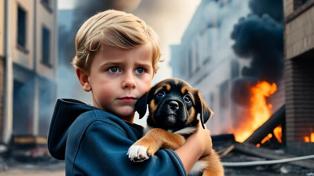 Boy 7-9 years old stands on street with puppy in his arms against background of burning houses. Buildings are engulfed in flames and black acrid smoke. Concept natural disaster, catastrophe and fire.