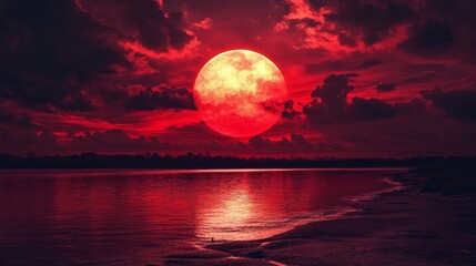 Red Moon Rising Over Dark Water