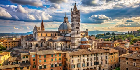 Fototapeta premium Ancient Italian architectural masterpiece with terracotta-tiled dome surrounded by medieval stone walls and ornate sculptures, siena cathedral, italian art