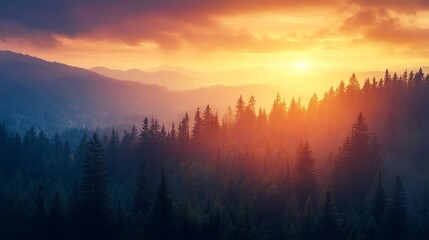 Obraz premium Majestic sunrise over a serene mountain forest landscape with golden hues sky fog view blue mist