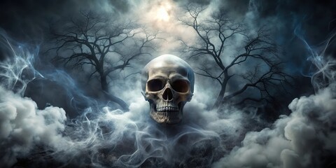 A skull slowly emerges from a swirling cloud of smoke on a dark and ominous background, surrounded by faint outlines of eerie trees and twisted branches , Skull, Smoke