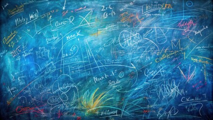 Background with abstract blue chalkboard texture, various scribbles and scratches in different colors, creating a dynamic visual effect, background, colorful