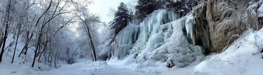 Obraz premium Icicles form around the winter waterfall, transforming it into a frozen wonderland