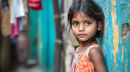 Fototapeta premium Girl's Gaze in Colorful Surroundings: A young girl gazes intently at the camera, her expressive eyes drawing the viewer into a world of innocent curiosity and resilience.