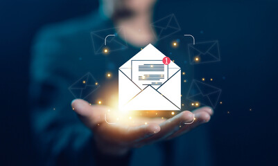 Plakat newsletter notification and open mail from the laptop. concept of correspondence, and news for campaign marketing. icon email, business communication, send information in a digital