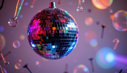 Obraz premium a shimmering silver disco ball, reflecting colorful lights and creating a festive atmosphere, hangs against a stark white background