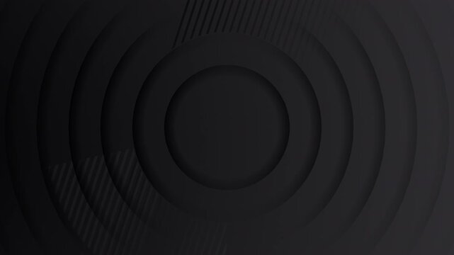 4k black grey animated circles pattern. Modern business animation with diagonal stripes. Seamless loop background soft shadow. HUD frame. Male style carbon textured. Urban dark 3d rings round gradient