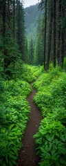 Fototapeta premium A narrow dirt path winds through lush green forest, surrounded by tall trees and dense vegetation, leading towards distant hills.