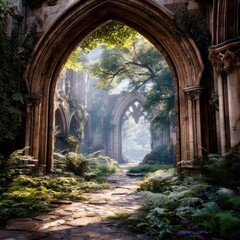 Obraz premium Sunlight streams through ancient ruins into a lush forest path.