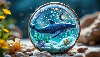 the mini world of fin whale in round magic protector features a miniature replica of a majestic fin whale swimming gracefully through a magical underwater world