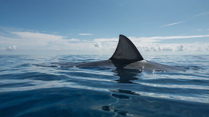Fototapeta premium A dark gray dorsal fin breaks the blue sea surface. The presence of these distinctive fins creates a sense of mystery and potential danger hidden beneath the waves