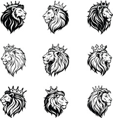 Obraz premium Lion King Head Crown Vector Icons. Royal Animal Tattoo Silhouettes