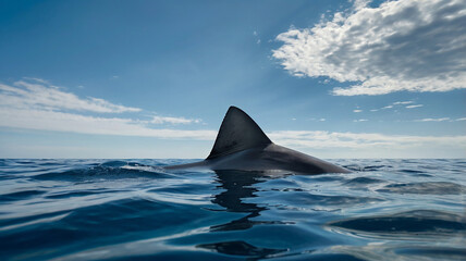 A dark gray dorsal fin breaks the blue sea surface. The presence of these distinctive fins creates a sense of mystery and potential danger hidden beneath the waves