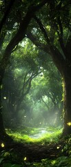Obraz premium Sunlight filters through lush green trees, illuminating a serene forest path with glowing butterflies and dense foliage.