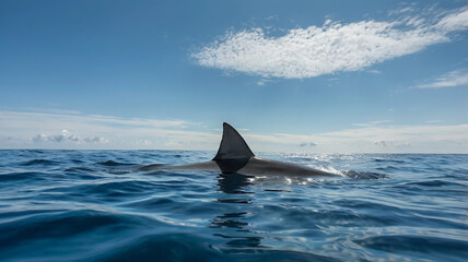 A dark gray dorsal fin breaks the blue sea surface. The presence of these distinctive fins creates a sense of mystery and potential danger hidden beneath the waves