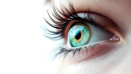 Fototapeta premium Close-up View of Human Eye with Long Eyelashes and Light Reflection