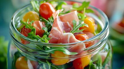 A glass jar is filled with a salad of prosciutto, cherry tomatoes, and arugula.