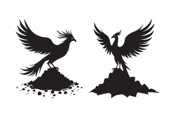 Phoenix Silhouette Vector Set Legendary Bird Rising on Rock and Ash