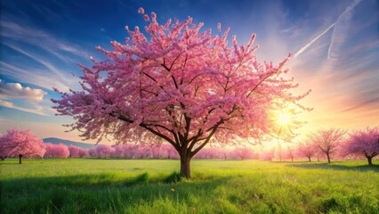 Soft pink cherry blossom tree stands alone in a vast field of vibrant flowers on a warm summer day, with gentle sunlight filtering through the blossoms , natural beauty, flower field